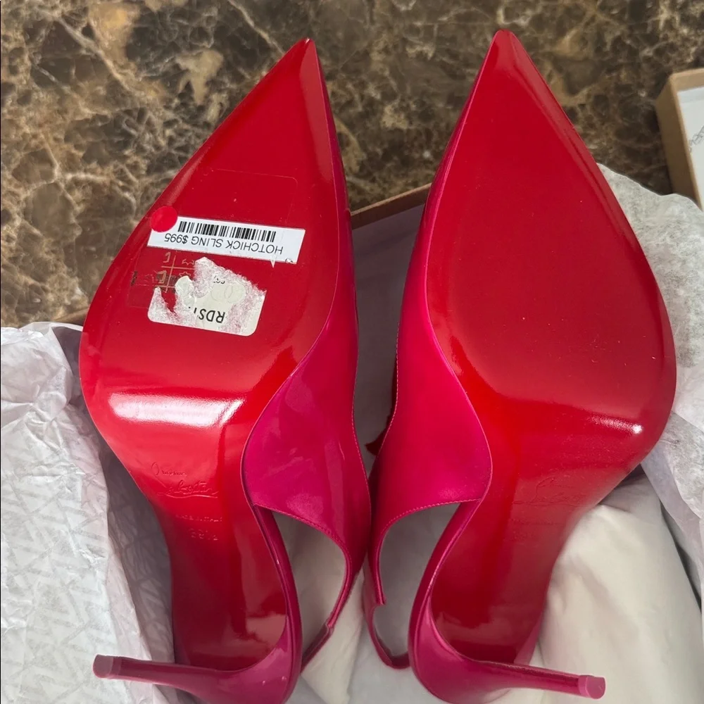 Christian Louboutin hot chick sling pinup pink patent scallop stiletto sz 39.5